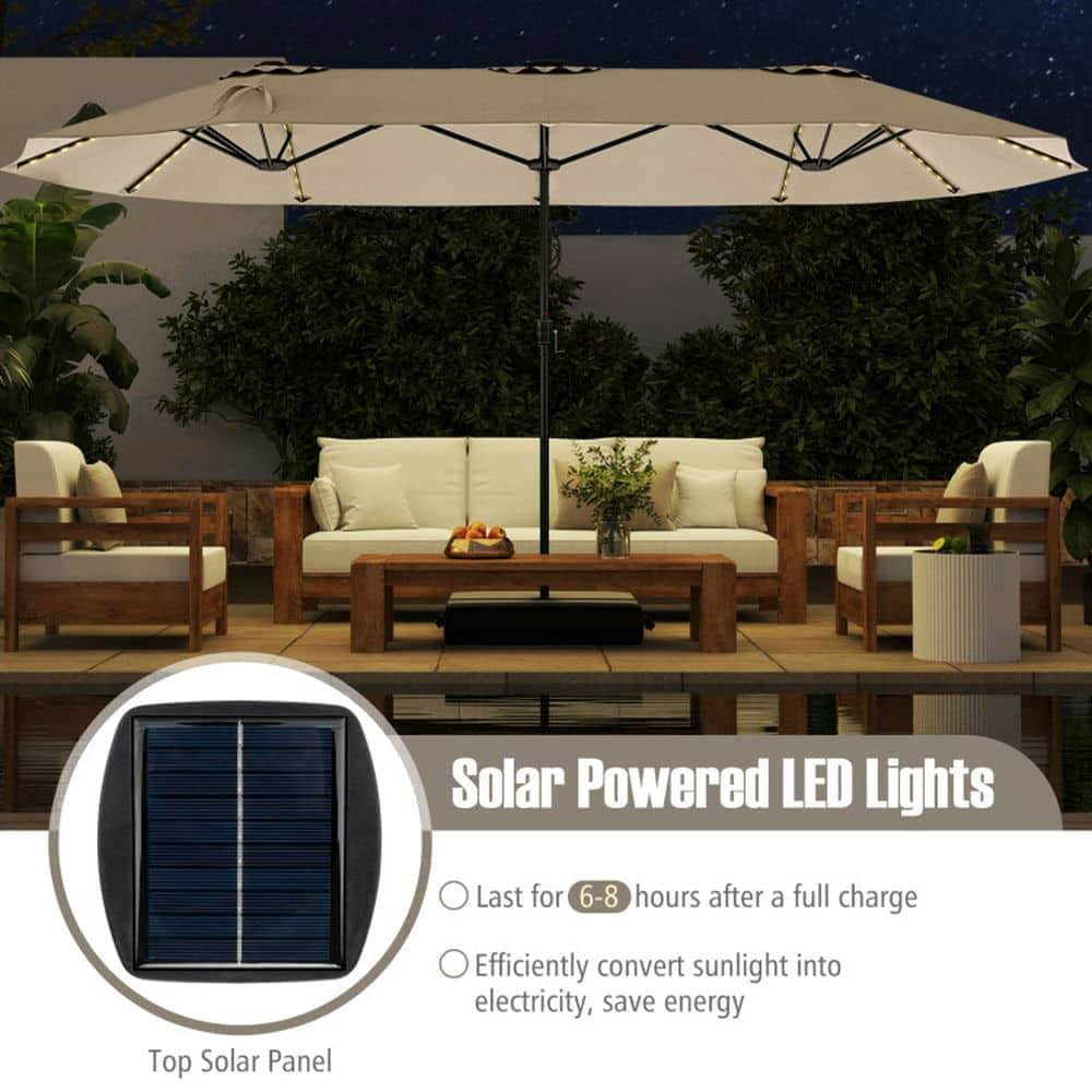 Demifill 15.5 FT Extra-Large Patio Umbrella, Outdoor Shade with LED Solar Lights and Crank Handle for Outdoor, Beige