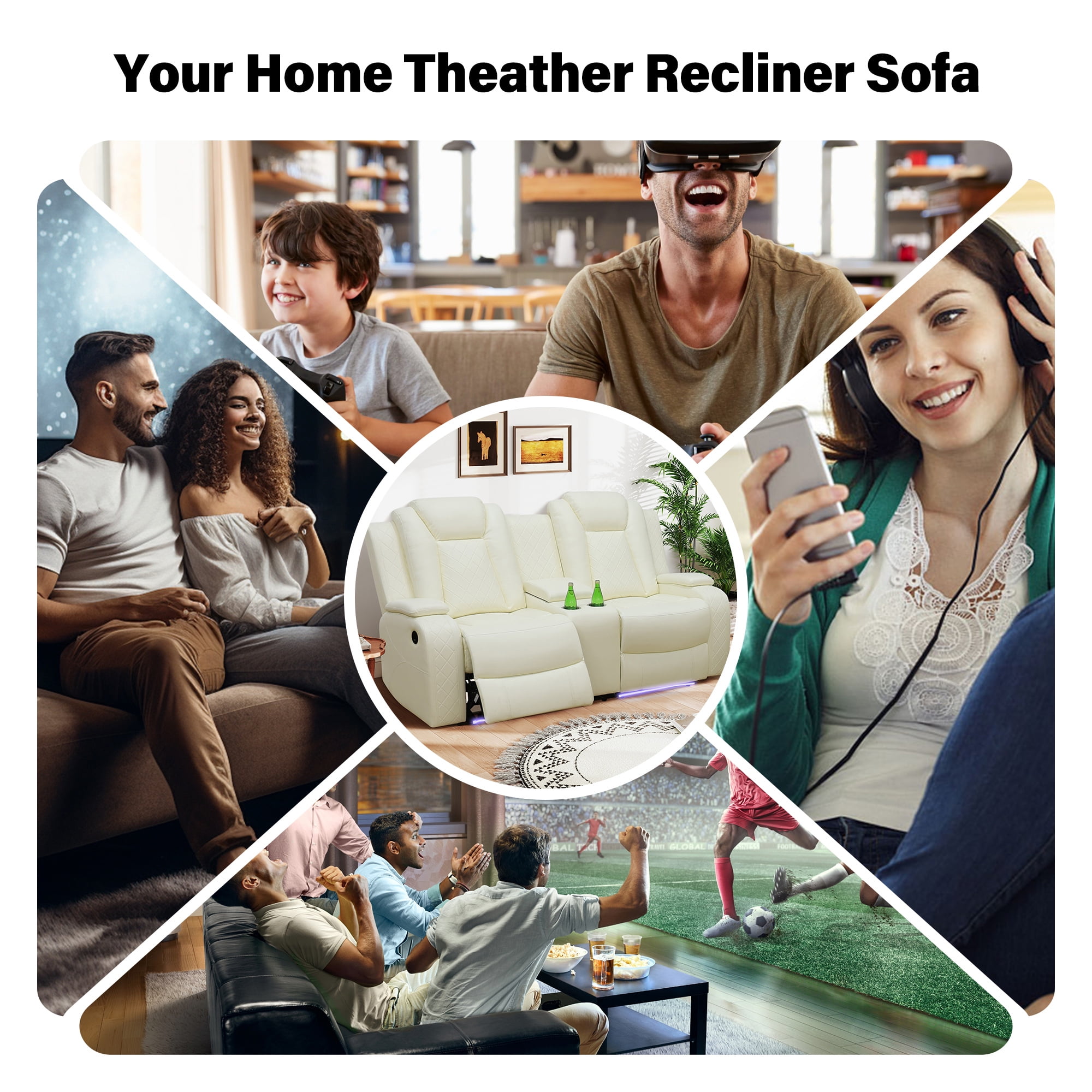 Aukfa 2-Seater Power Recliner Sofa with Cup Holders, USB Charging & Hidden Storage, Modern Electric Loveseat for Living Room Home Theater,White