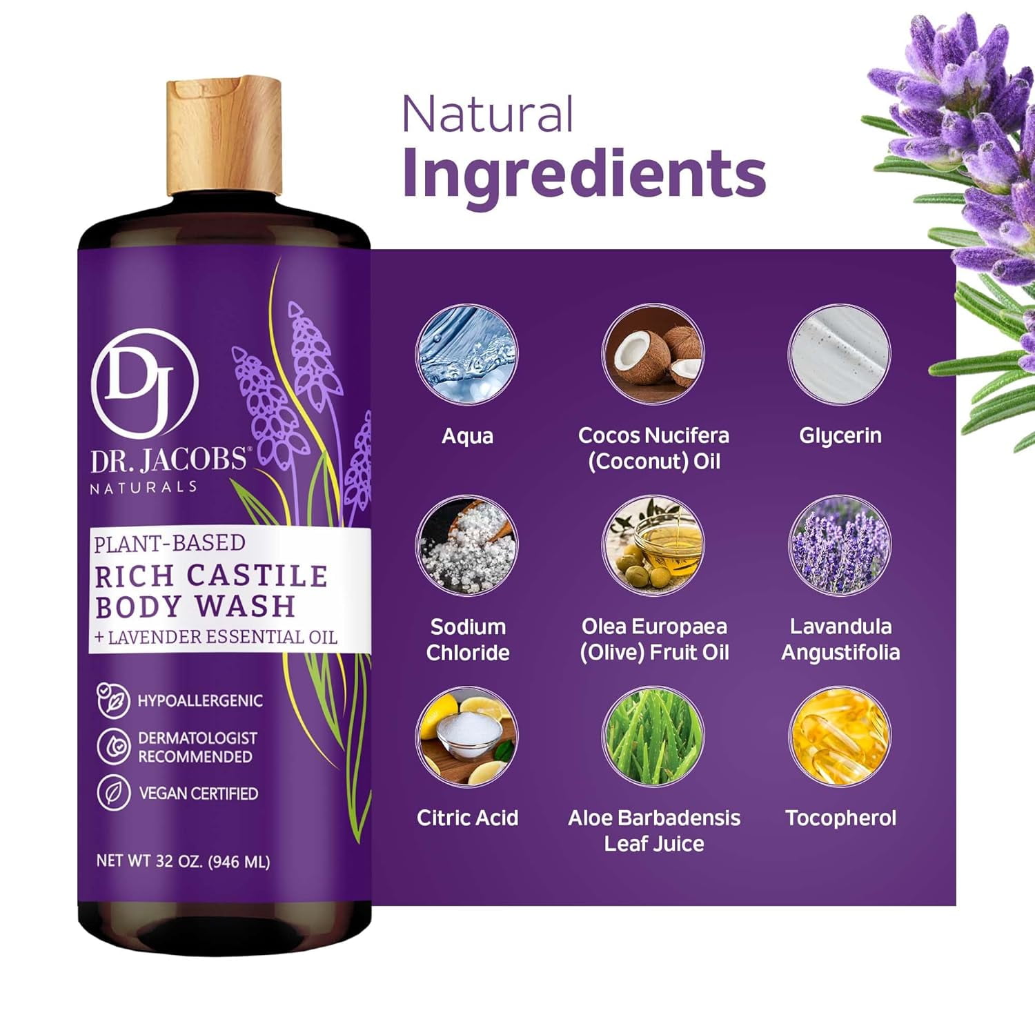 Dr Jacobs Naturals Castile Soap Body Wash Plant Based Liquid Soap, Lavender 32 Oz 3-Pack
