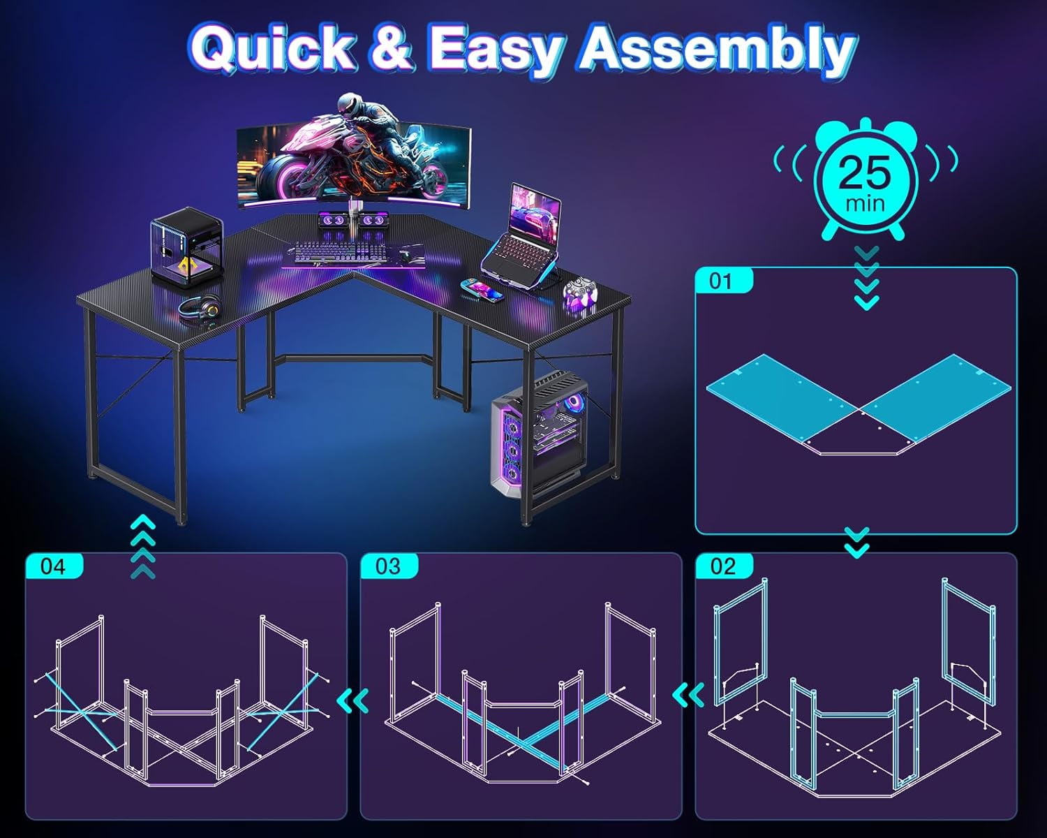 FeGeMax L Shaped Gaming Desk, Corner Desk Gaming Table for Home Office, Computer Desk Sturdy Writing Workstation for Small Space, Easy to Assemble, 51 inch, Carbon Fiber Surface, Black