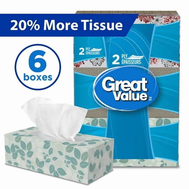 Great Value, Facial Tissues, 6 Flat Boxes, 126 Tissues per Box, 2Ply, 756 Tissues in total