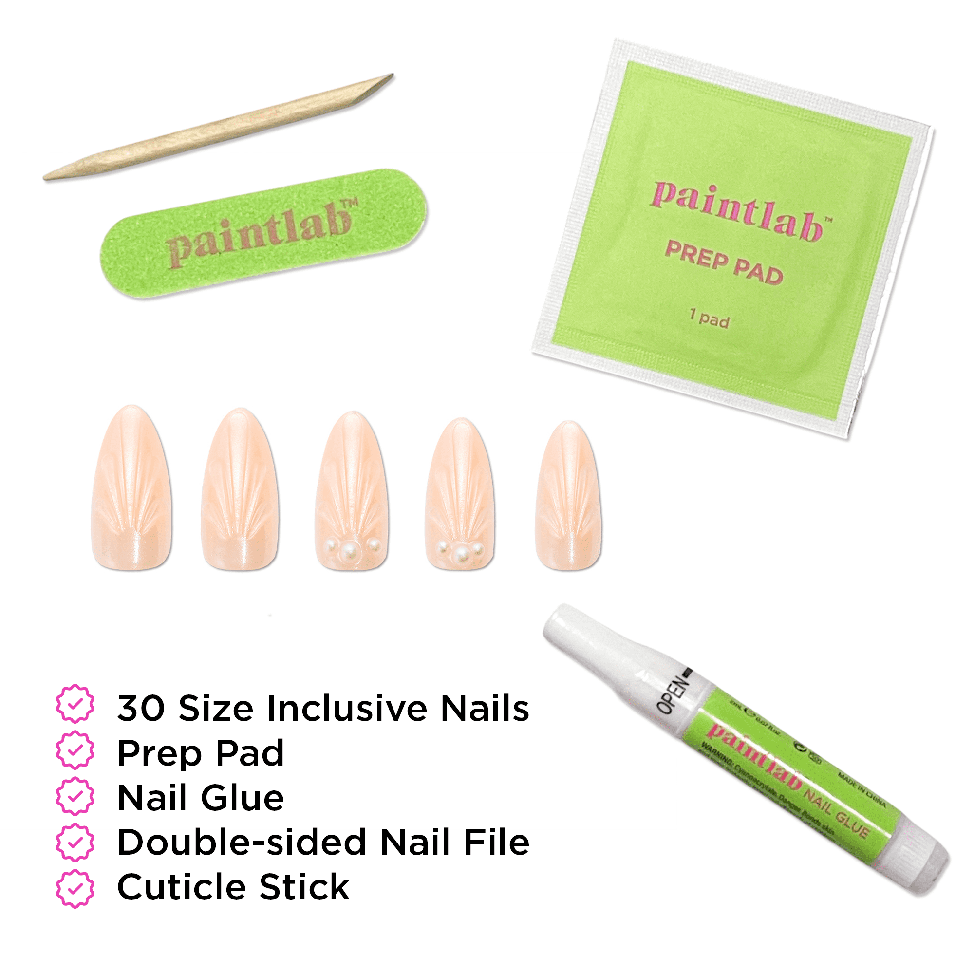 PaintLab Medium Almond Press On Nails 3D, Glazed Seashell, Nude, 30 Count