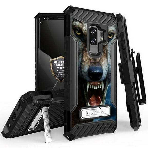 Galaxy S9 Plus Case, Trishield Durable Rugged Heavy Duty Phone Cover [ Belt Clip Holster] And Built in kickstand For Samsung Galaxy S9 Plus - Printed Wild Night Wolf