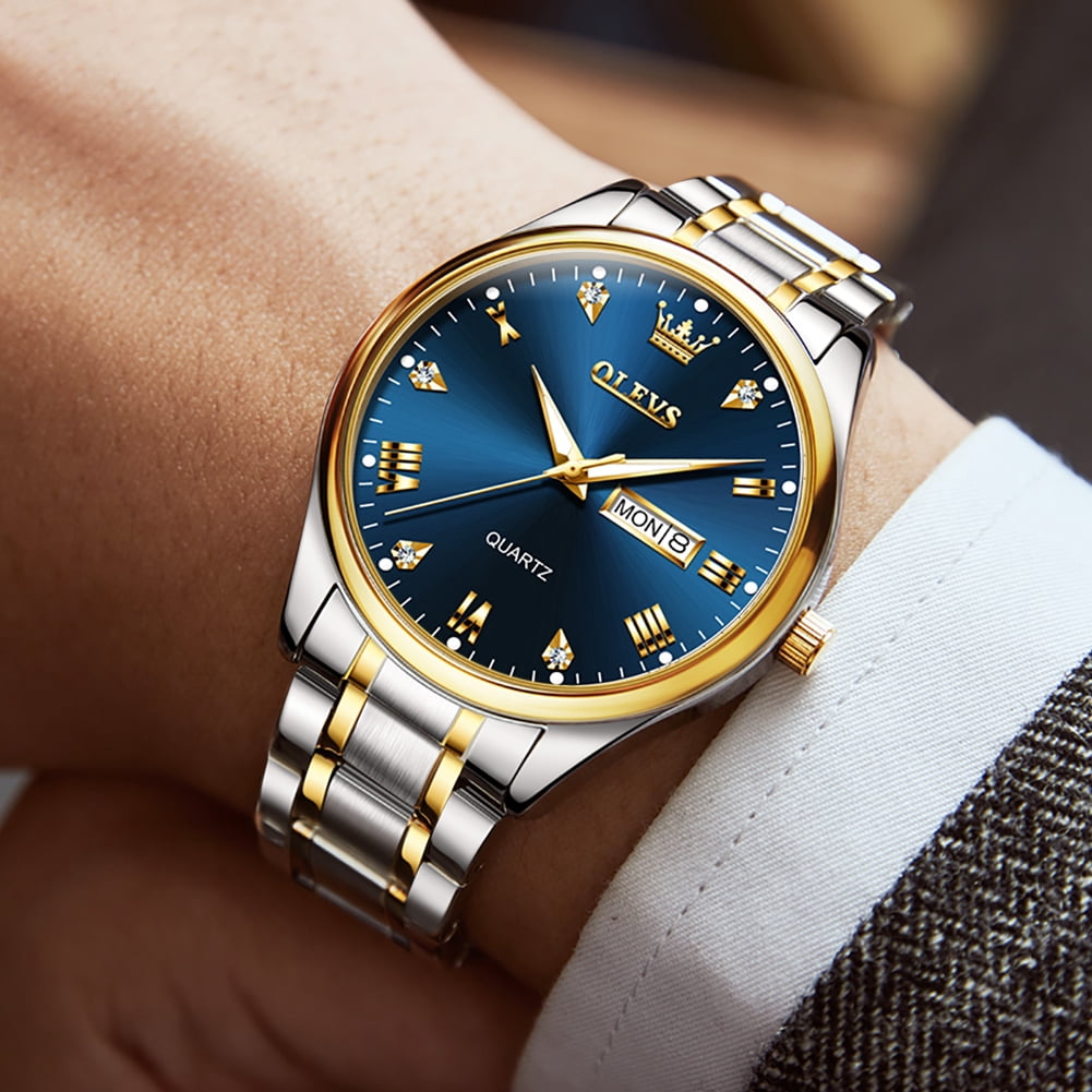 OLEVS Watches for Men Classic with Date Business Dress Luxury Diamond Gold/Black/Blue Waterproof Luminous Mens Wrist Watches Analog Two Tone Stainless Steel Male Reloj para Hombre