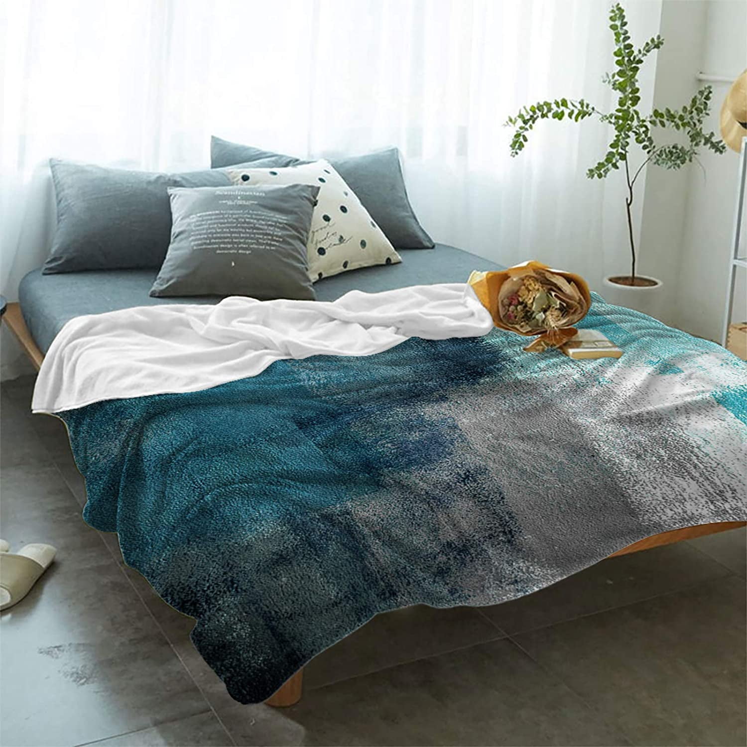 Turquoise Blanket Gray Aqua Abstract Paint Art Graffiti Lattice Super Soft Breathable Flannel Throw Blankets Cyan Teal Warm Cozy Decorative for Sofa Chair Bedroom All Seasons Use 60x80 inch