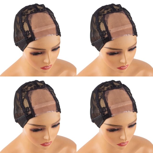 4X4 Lace Wig Cap for Making Wigs 4 Pack U Part Wig Breathable Lace Mesh Cap with Adjustable Strap (4X4inch)