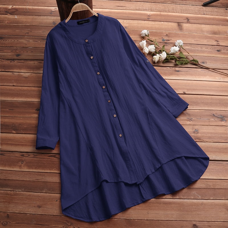 Zanzea Plus Size Women Stand Collar Adjustable Sleeve Buttons Open Dip Hem Plain Color Baggy Shirt Dress Walmart Com Walmart Com