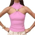 thumbnail image 2 of Women Halter Neck Pleated Twist Front Tank Tops Trendy Slim Fit Sleeveless Hollow Out Halter Top Clubwear Pink M, 2 of 9