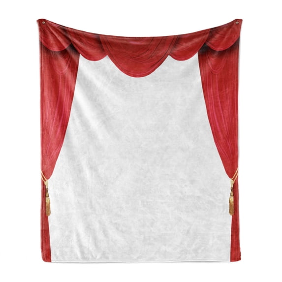 Theatre Soft Flannel Fleece Throw Blanket, Show Stage Curtains Opening Classic Antique Look on Plain Background Graphic, Cozy Plush for Indoor and Outdoor Use, 70" x 90", Red and White, by Ambesonne