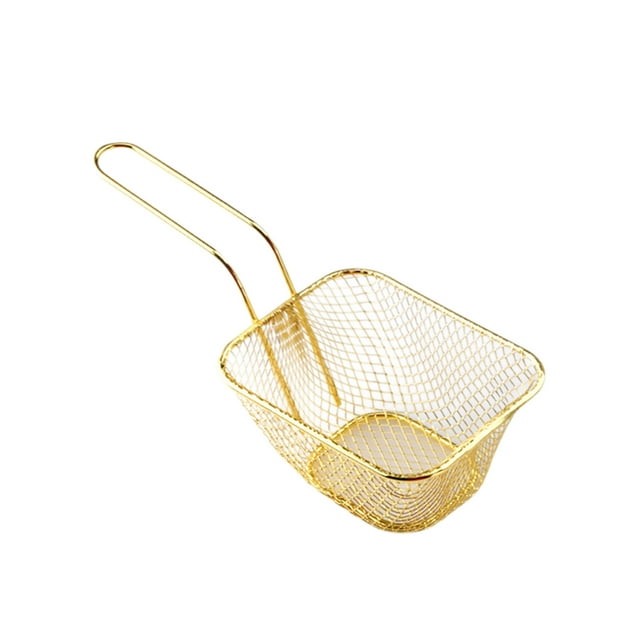 Gold Mini French Fries Basket Stainless Steel Snack Holder For Food Tableware Kitchen Use 1Pc Portable With Handles Dimensions 4.3X3.5X2.5 Inches Net Weight 0.17 Lb