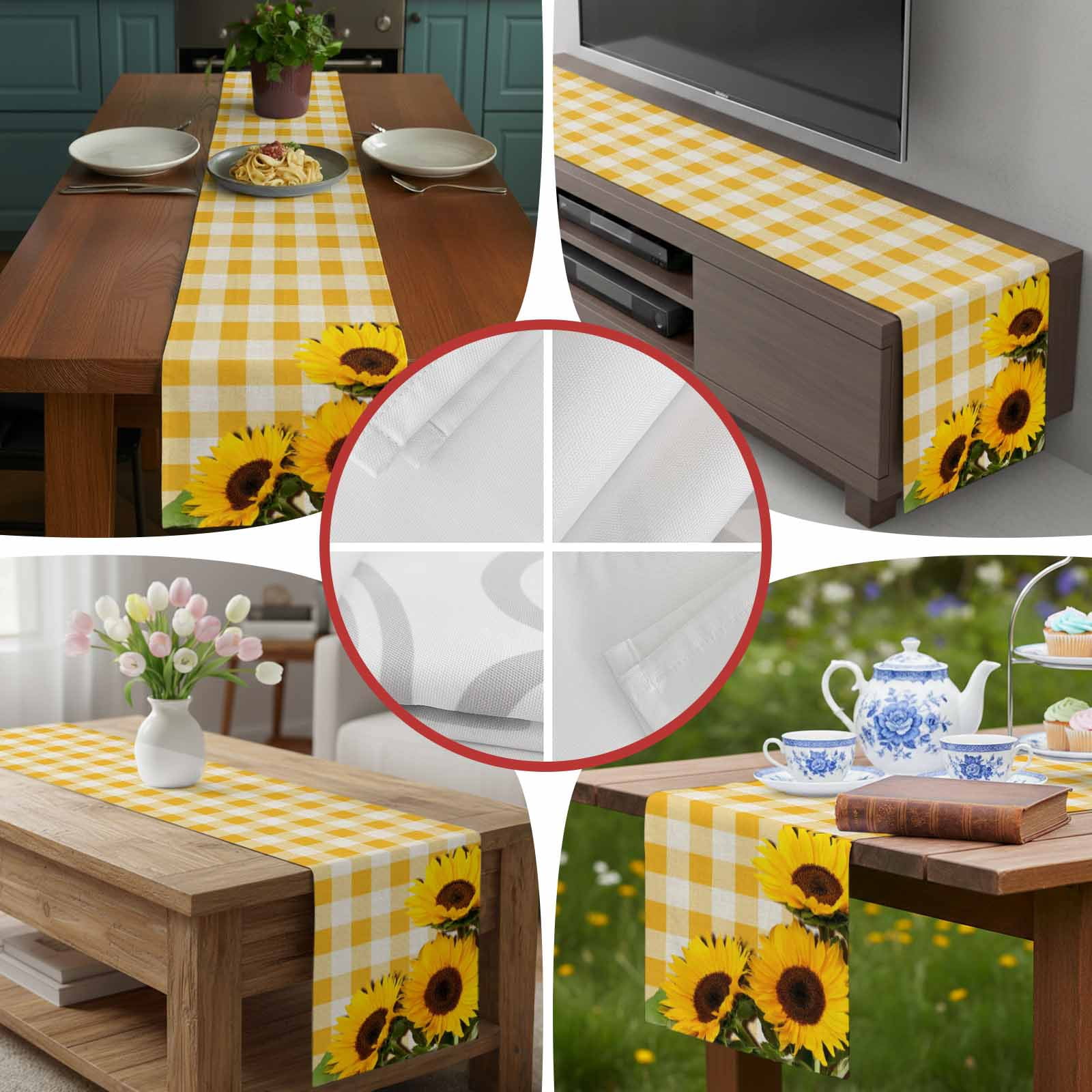 Watercolor Sunflowers Leaves on Retro Table Runner 90 Inches Long, Yellow White Plaid Table Runners Tabletop Scarf Kitchen Dining Tables Decoration for Home Party Indoor Outdoor