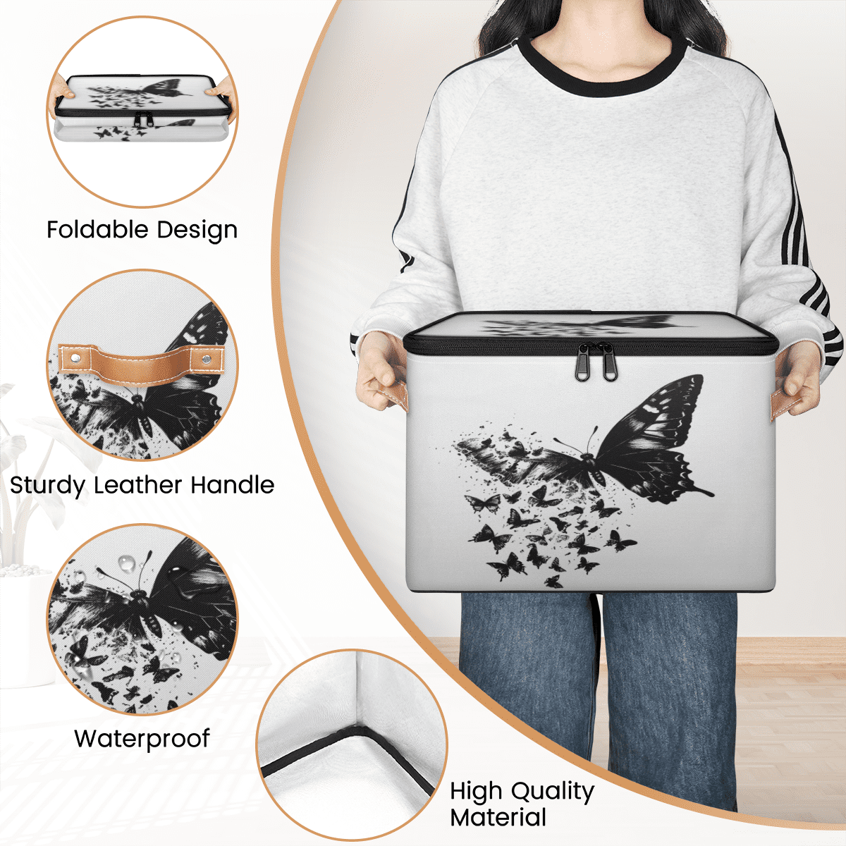ADECORIVY Butterfly Storage Bin with Lid Fabric Black White Foldable Storage Baskets Boxes for Clothes Shelves Closet Organizer Containers with Leather Handles for Wardrobe
