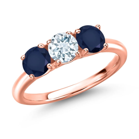 Gem Stone King 18K Rose Gold Plated Silver Sky Blue Aquamarine and Blue Sapphire Engagement Ring for Women | 1.70 Cttw | Round 5MM | Gemstone March Birthstone | Size 6
