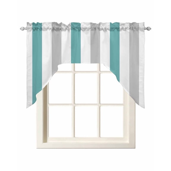 Turquoise Striped Kitchen Swag Valances for Windows, Geometric Vertical Grey Stripes White Swag Valances Curtains for Living Room, Rod Pocket Window Treatments for Bathroom, Bedroom, Cafe, 56"x36"