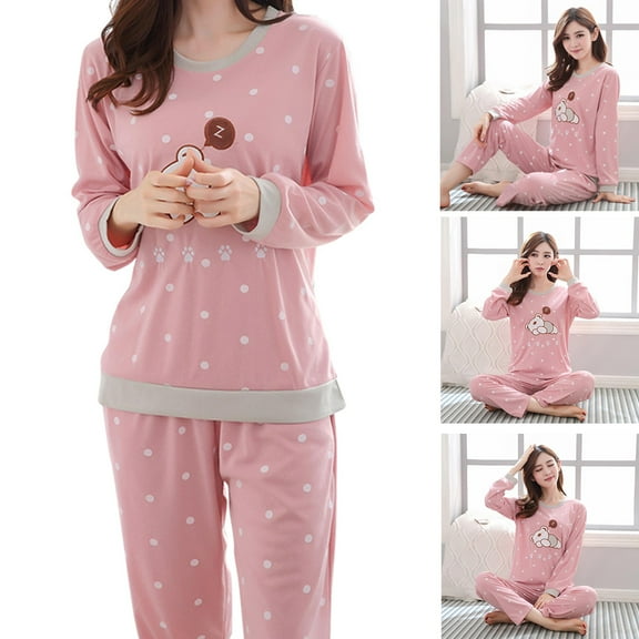 LABSERRON 1 Set Pink Cotton Pajamas Women Long Sleeve Round Neck Comfortable Sleep Loungewear Autumn