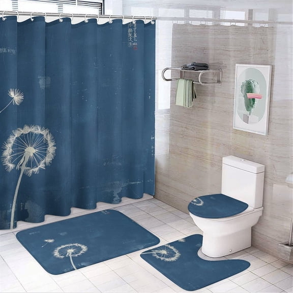 Dandelion With Seeds Blowing Away 4 Pcs Shower Curtain Sets Non-Slip Rugs And Toilet Mat Lid Rug Accessories Abstract White Floral Waterproof Personality Pattern Bath Curtain for Bathroom Decor