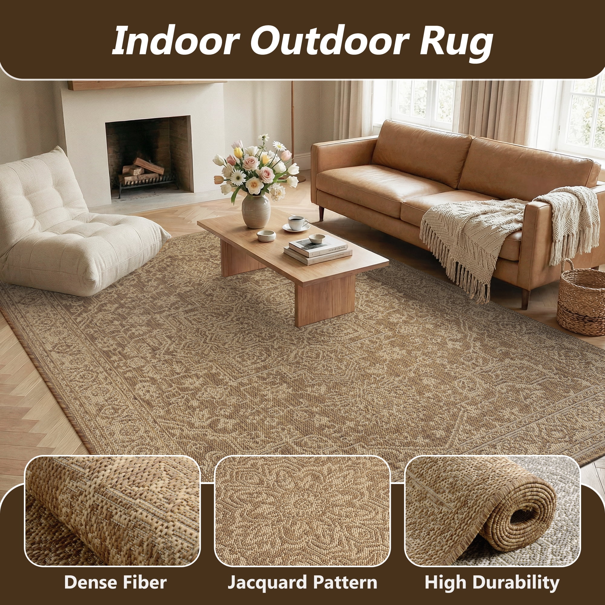 SIXHOME 8'x10' Outdoor Rug, Farmhouse Medallion Patio Rug, Indoor Outdoor Polypropylene Weave Textured Carpet, Water-Resistant, Quick-Dry Rug for Porch, Balcony, RV, Garden, Neutral Brown