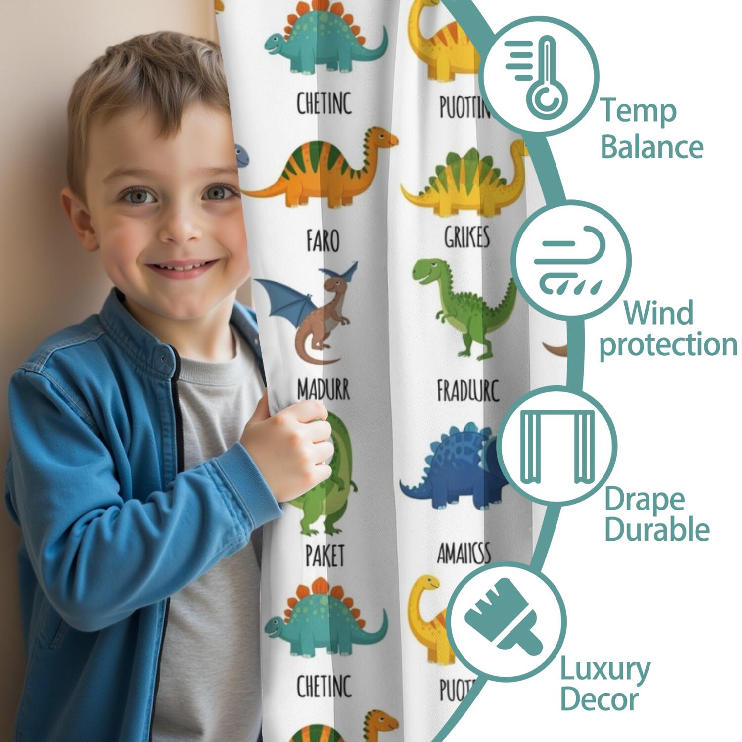 Blackout Kids Curtains,White Dinosaurs Random Words Childrens Insulated Curtains Set Of 2,Bedroom Essentials,Toddler Room Decor 42"x84"