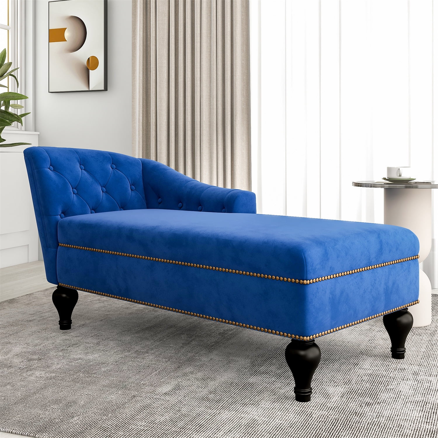 Modern Chaise Lounge, Tufted Botton Upholstered Velvet Sofa Chair , Elegant  Victorian Vintage Style Sofa Sleeper Lounge with Nailhead Trim and 