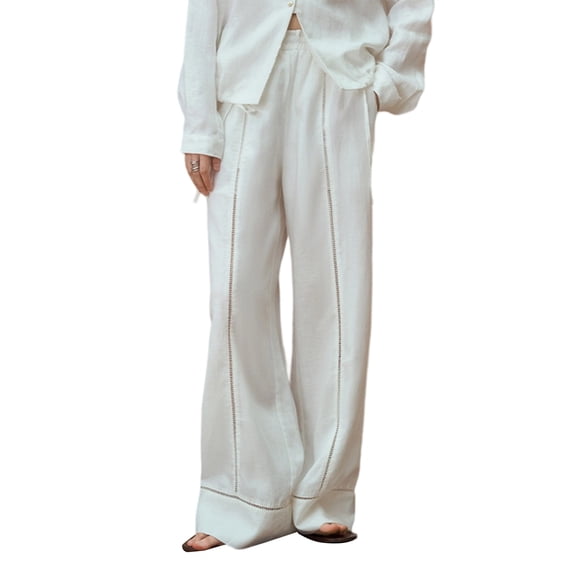 Women'S Long Palazzo Pants Flowy Travel Wide Leg Pants Casual Summer Loose Beach Lounge Cream White One Size