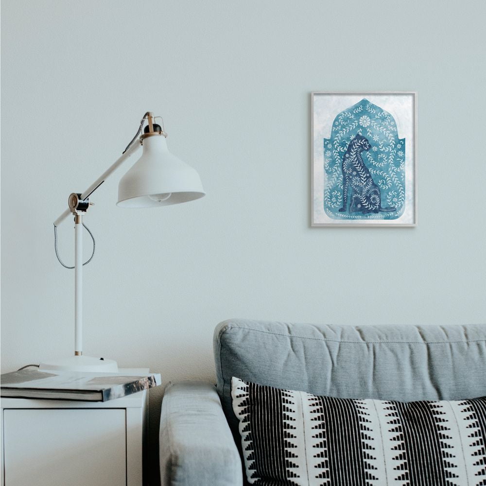 Stupell Industries Regal Cheetah Jungle Animal Vines Blue Arabesque Watercolor Framed Wall Art Design by Ziwei Li, 11" x 14", Gray Framed