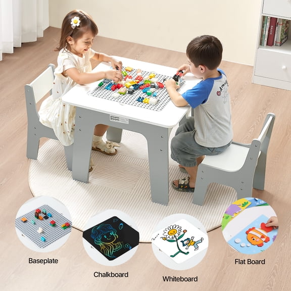 VEVOR 4 in 1 Kid Activity Table and 2 Chairs Set, Graffiti & Building Blocks Double-Sided Tabletop, Toddler Play Table with Storage for Kids 3  Years, Large Storage Space, Gift for Boys & Girls