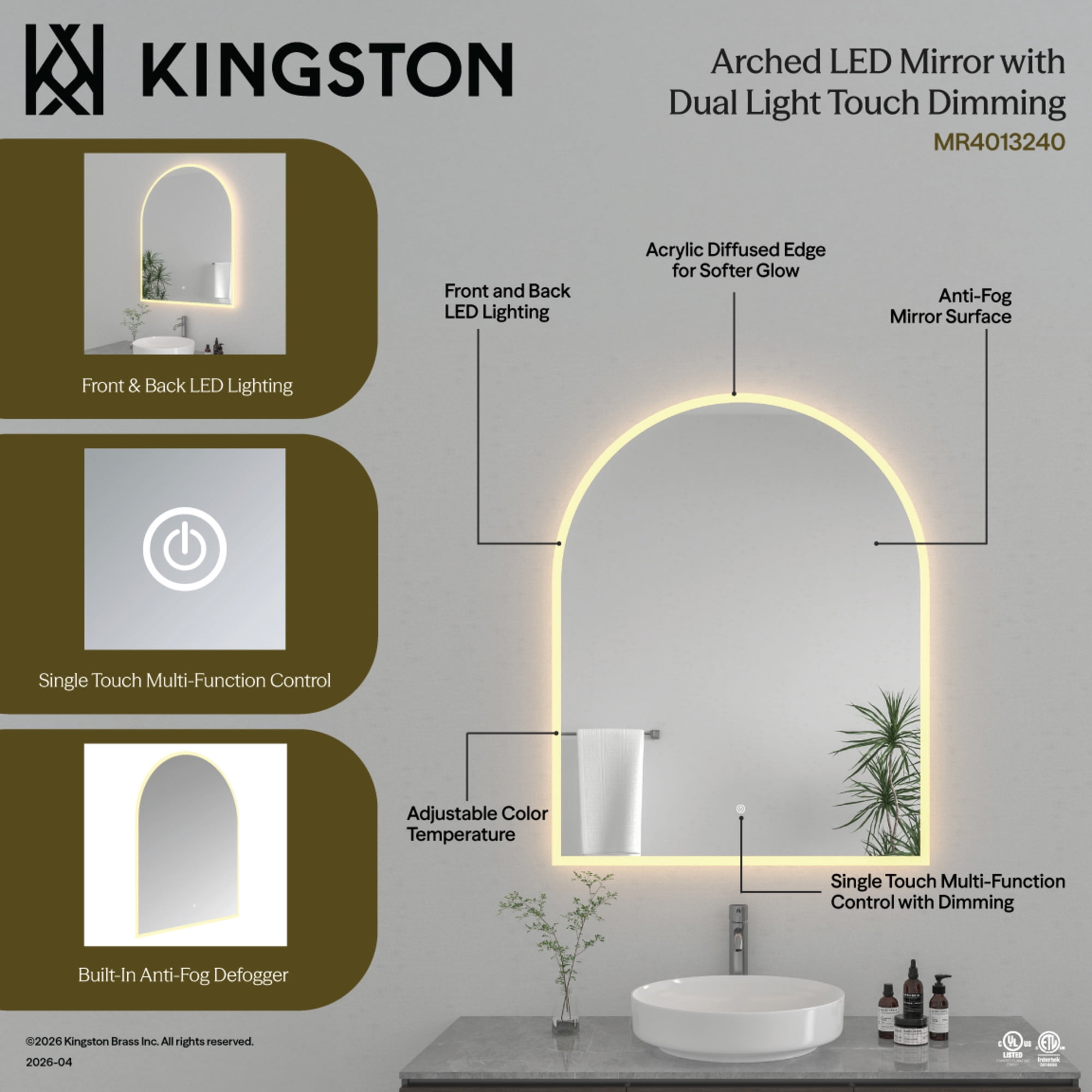 Kingston Brass MR4013240 Aurora 30-Inch x 60-Inch Arched LED Bathroom Mirror, Front and Back Light, Anti-Fog, Dimmable Touch Sensor Lighted Mirror in Silver