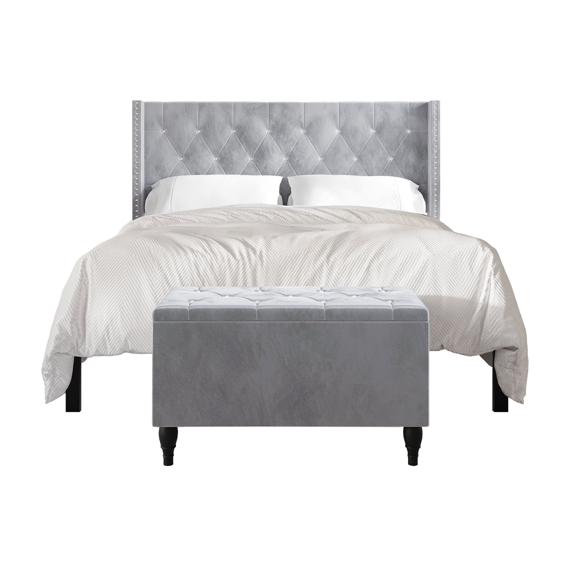Castle Place Button Tufted Wingback Velvet Upholstered Bed with Storage Bench, Silver Grey, Queen