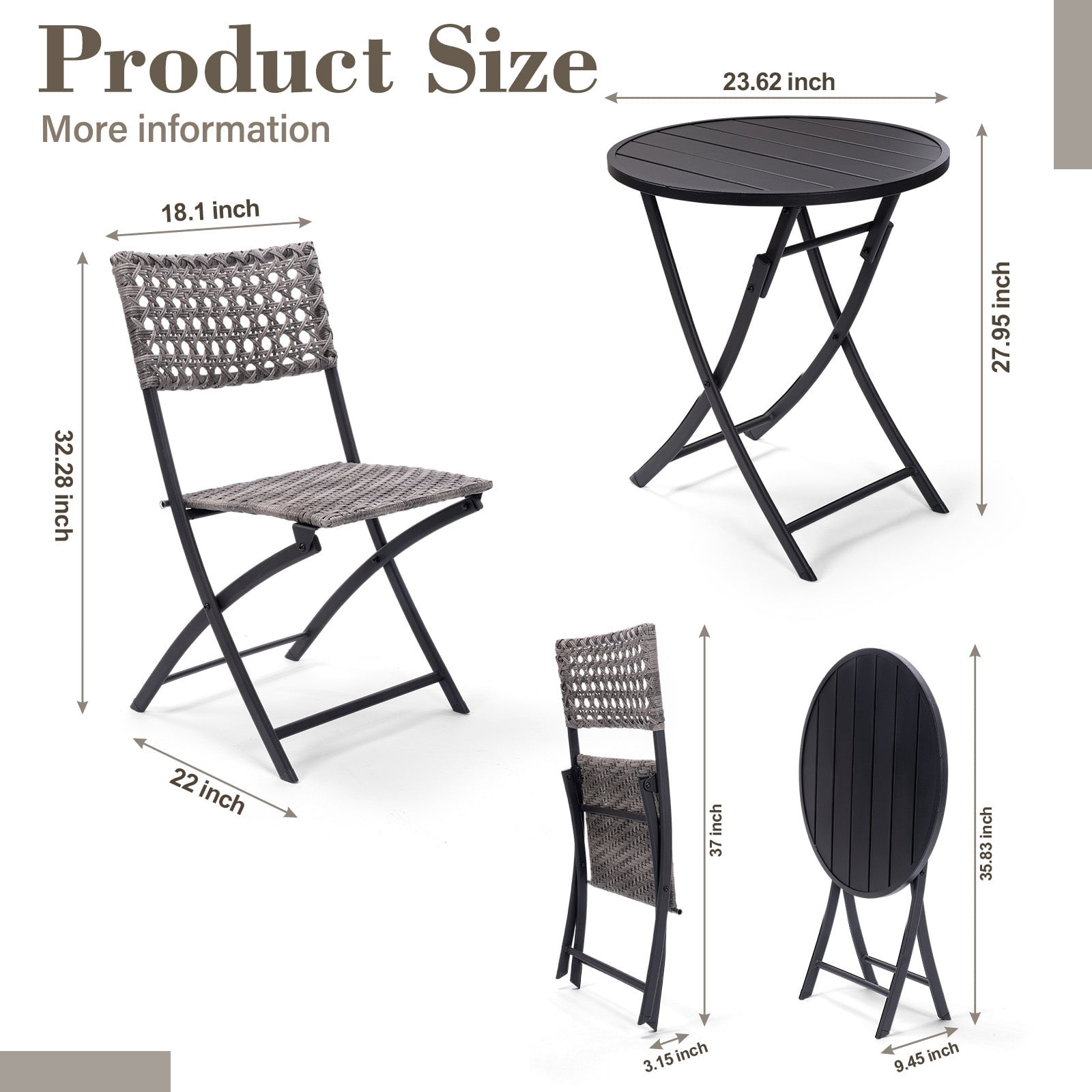 3 Piece Folding Outdoor Patio Bistro Set, Wicker Patio Furniture Sets with Table and Chairs for Garden, Backyard, Porch, Patio - Patio Conversation Set