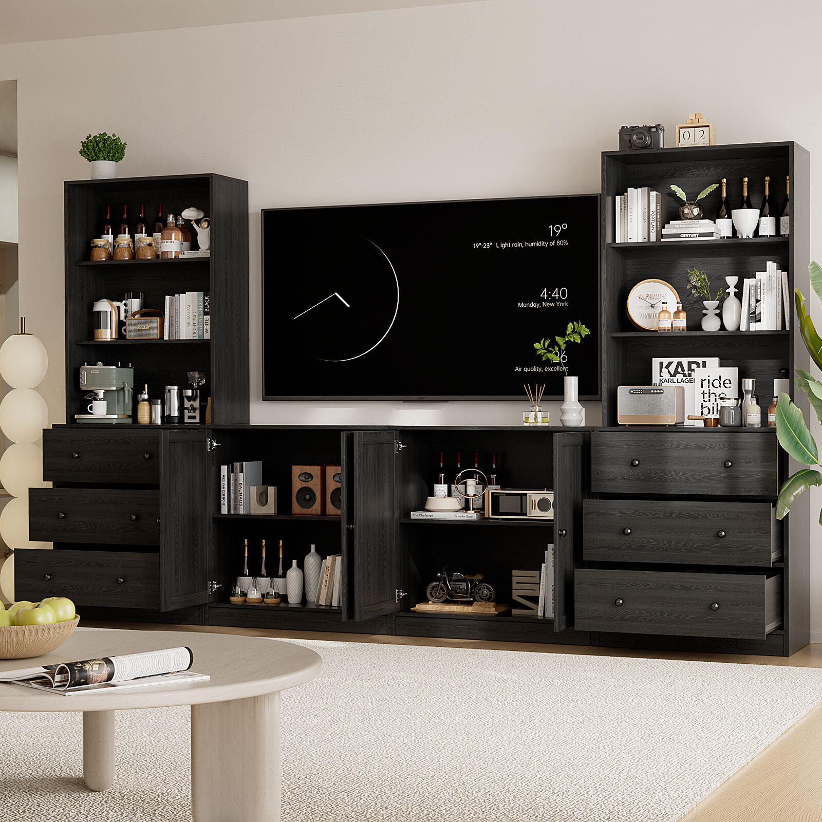 RichYa 4-Piece Entertainment Center with Bookshelves for TVs,TV Stand for TVs up to 60”,TV Stand Cabinets with 6 Drawers for Living Room,Black