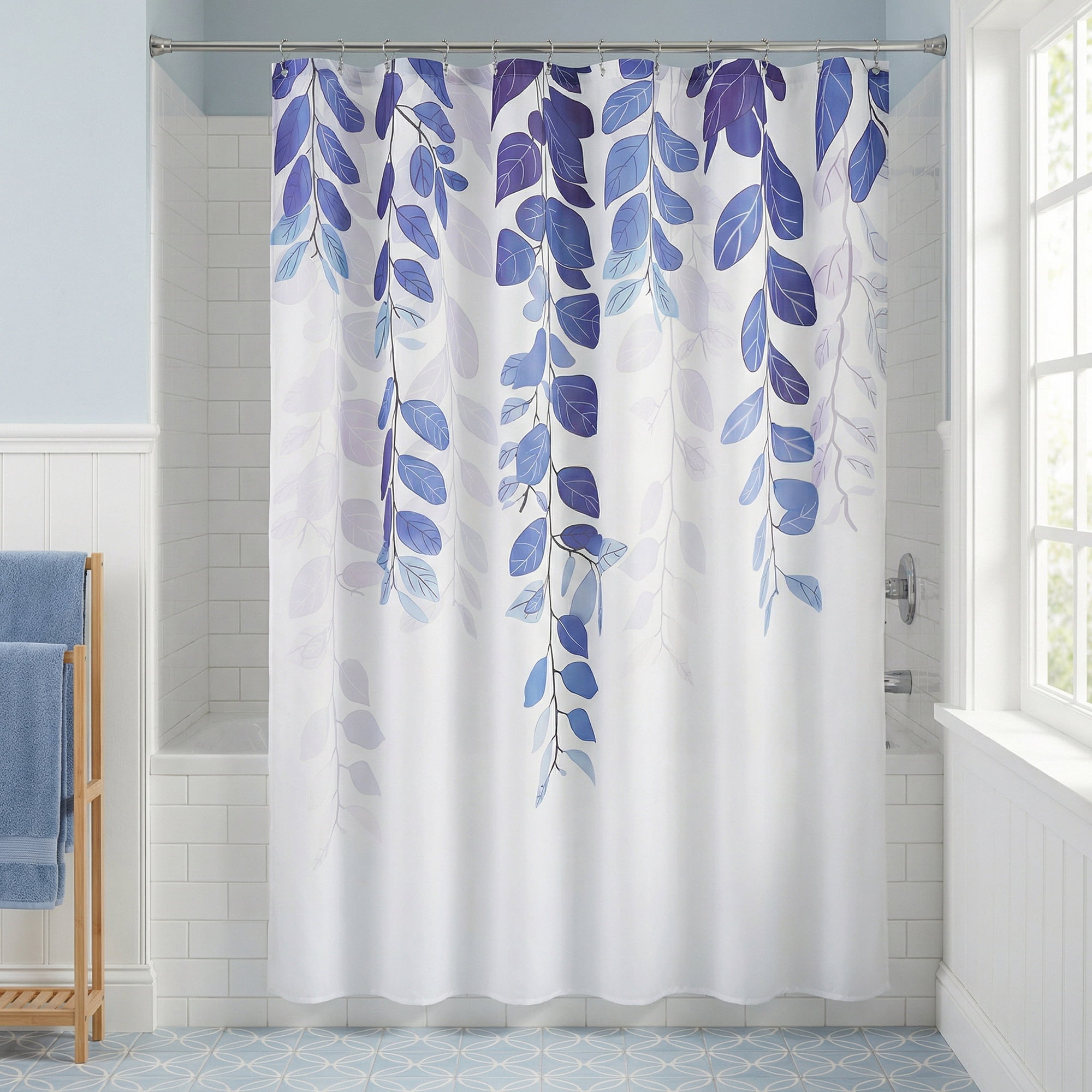 Unique Bargains Waterproof Plant-Print Shower Curtain Set with 12 Hooks Blue 71"W x 71"L