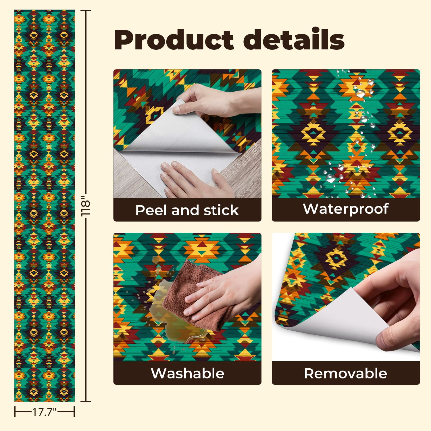 Aztec Peel and Stick Wallpaper Geometric Tribal Vibrant Colors Bold Shapes Wall Mural 17.7in x 9.8ft Self Adhesive Removable Wall Paper Renter Friendly Wallpaper for Nursery Bedroom Cabinets