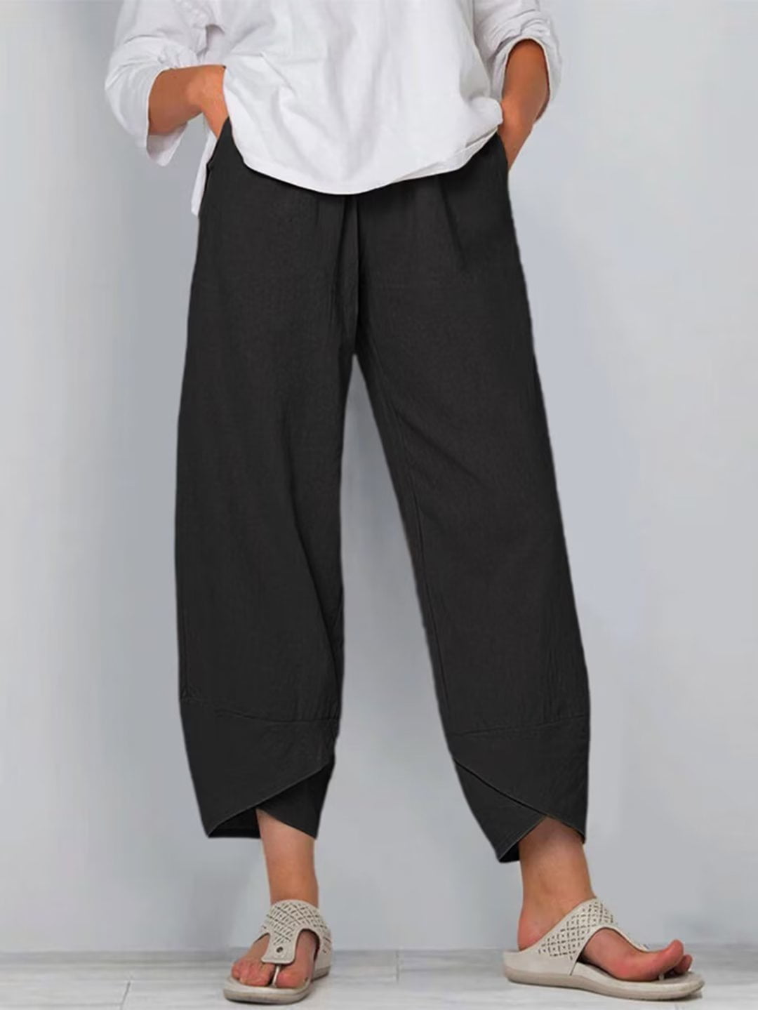 Women's Casual Cotton Linen Harem Pants Elastic Waist Pocketed Pants ...