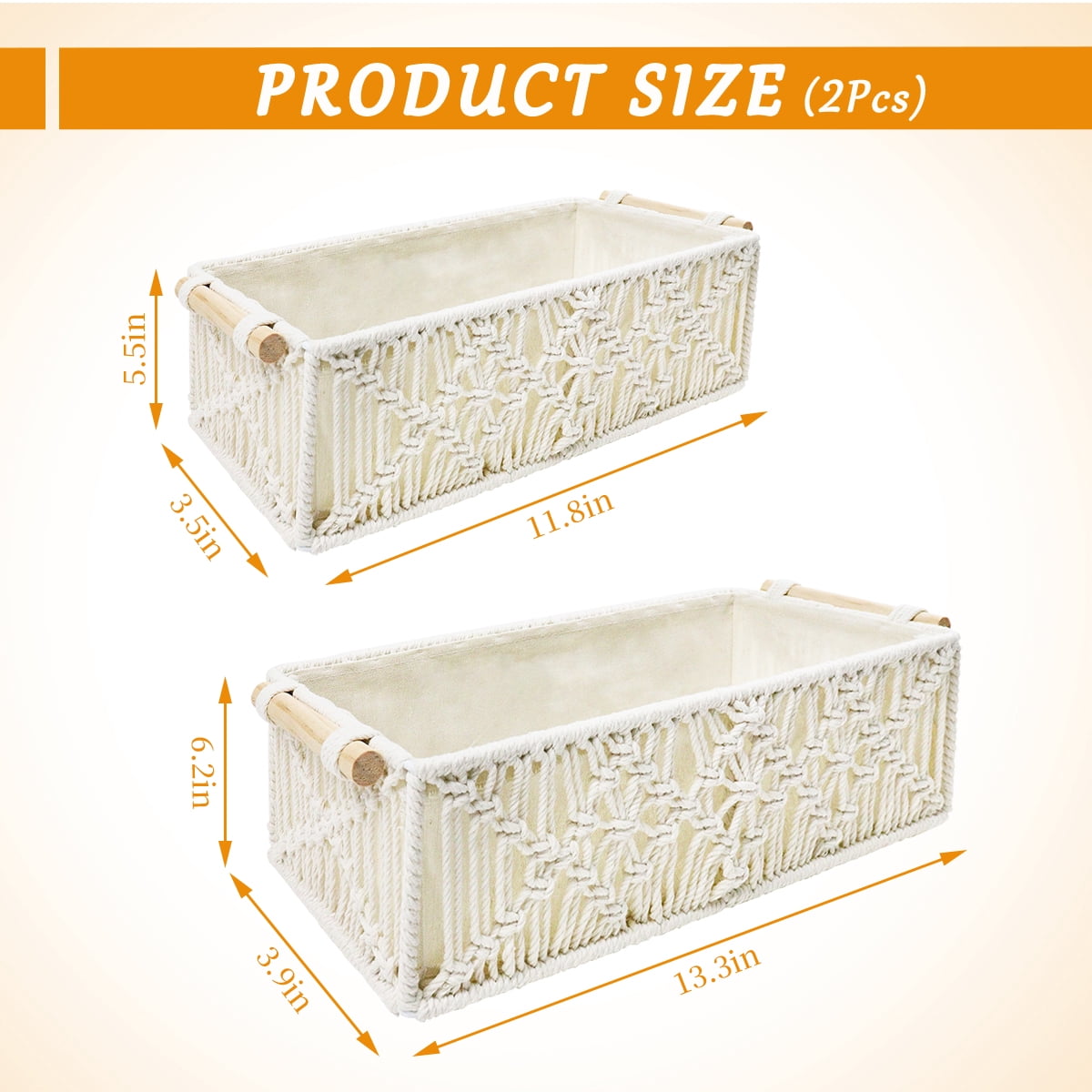 Macrame Storage Basket Set – Handwoven Boho Organizer for Bathroom Countertop, Toilet Tank & Shelves（Set of 2）