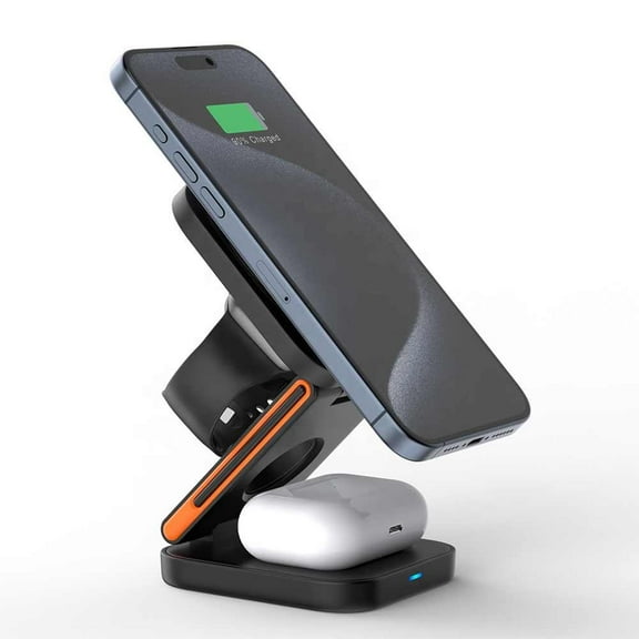 Foldable 3-in-1 Magnetic Wireless Charging Station for Android and iOS - 15W Fast Charger for Phones, Watches, and Earphones with Smart Protection and Portable Design, Black