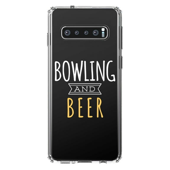 DistinctInk Clear Shockproof Hybrid Case for Samsung Galaxy S10 (6.1" Screen) - TPU Bumper Acrylic Back Tempered Glass Screen Protector - Bowling and Beer