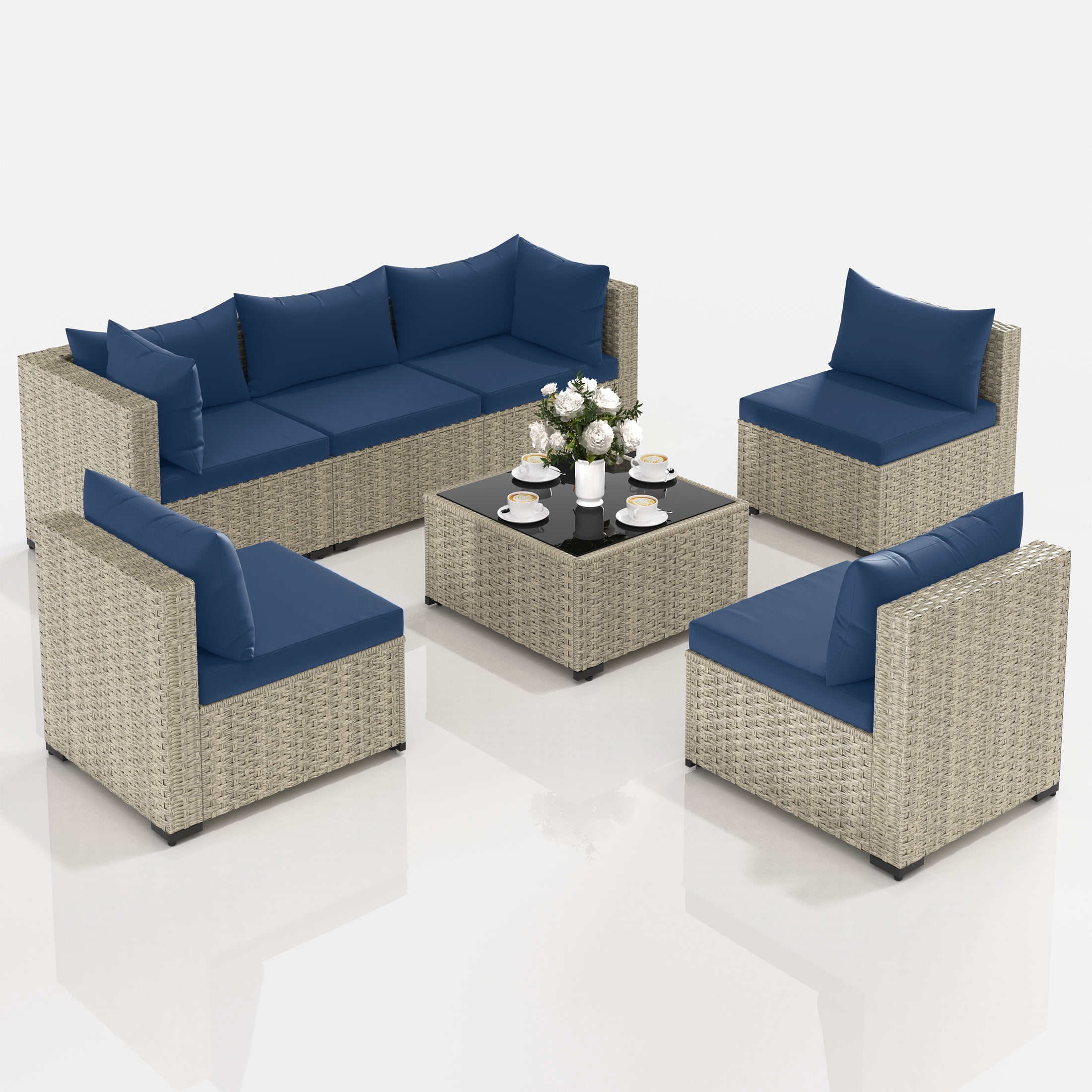 UDPATIO 7 Pieces Outdoor Patio Furniture Set, Outdoor Wicker Patio Conversation Set with Cushions for Backyard, Porch, Garden(Navy)