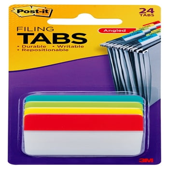 Post-it Filing Tabs, 2" Angled Solid, Assorted Primary Colors, 24 Tabs