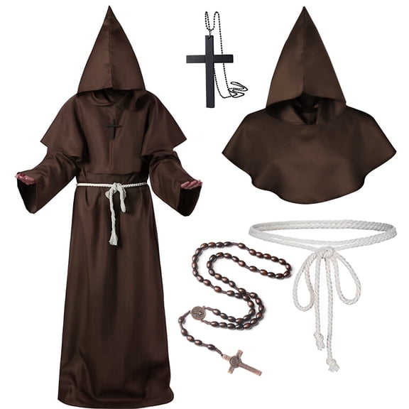 Alaiyaky Monk Costume Adult Men Medieval Robe Priest Cloak Outfit Halloween Black Renaissance Vicar Uncle Fester with Hood Costume Cross Fancy Dress Cosplay Carnival