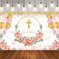 thumbnail image 2 of First Holy Communion Backdrop Pink Floral Golden Balloon God Bless Photography Background Gold Cross White Dove Baptism Party Decorations Banner Supplies Photo Booth Props, 2 of 4