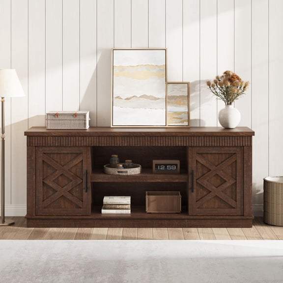 Farmhouse TV Stand – 65" Rustic Fluted Media Console for 65–70 Inch TVs, 2 Doors & Open Shelves for Living Room or Bedroom