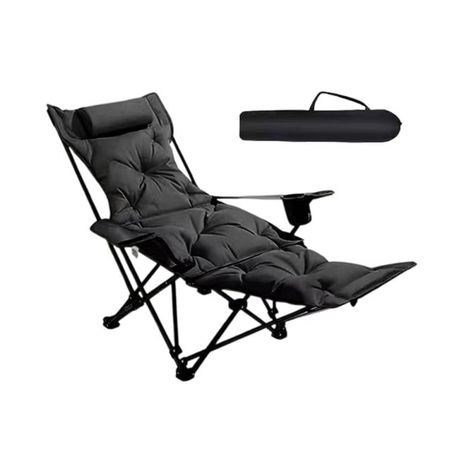 Sillón plegable, reclinable, para camping, portátil, para playa, reposapiés extraíble, respaldo ajustable, portavasos de tela Oxford de acero al carbo negro