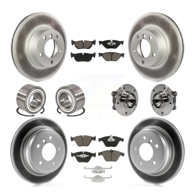 Transit Auto Front Rear Wheel Hub Bearings Assembly Coated Disc Brake Rotors and Ceramic Pads Shoes Kit (10Pc) for Car BMW 328i - Left Right Side (Driver Passenger) KBB-121615
