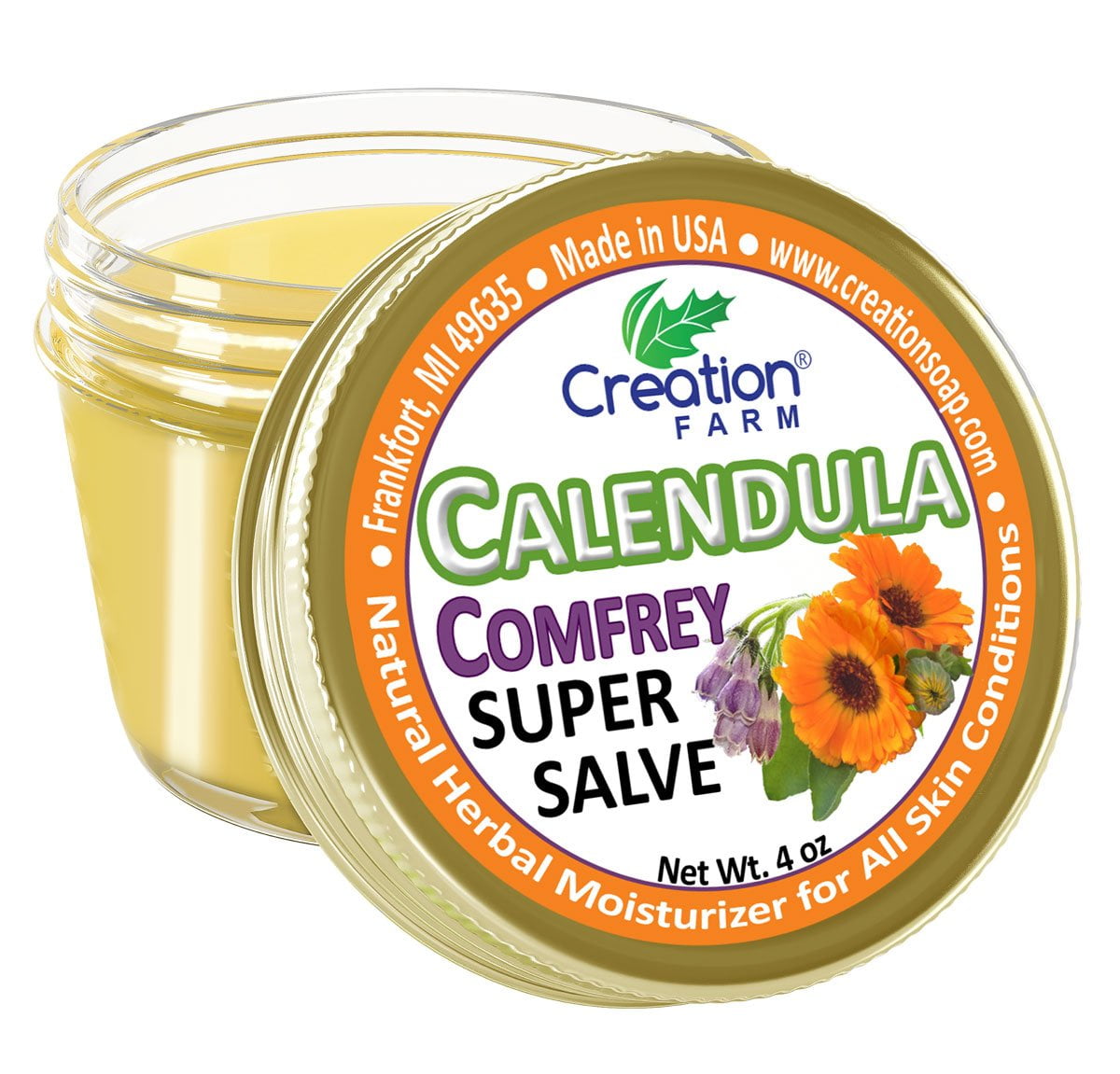 Creation Farm Calendula Comfrey Salve Jar 4 oz, Herbal Skin Rash