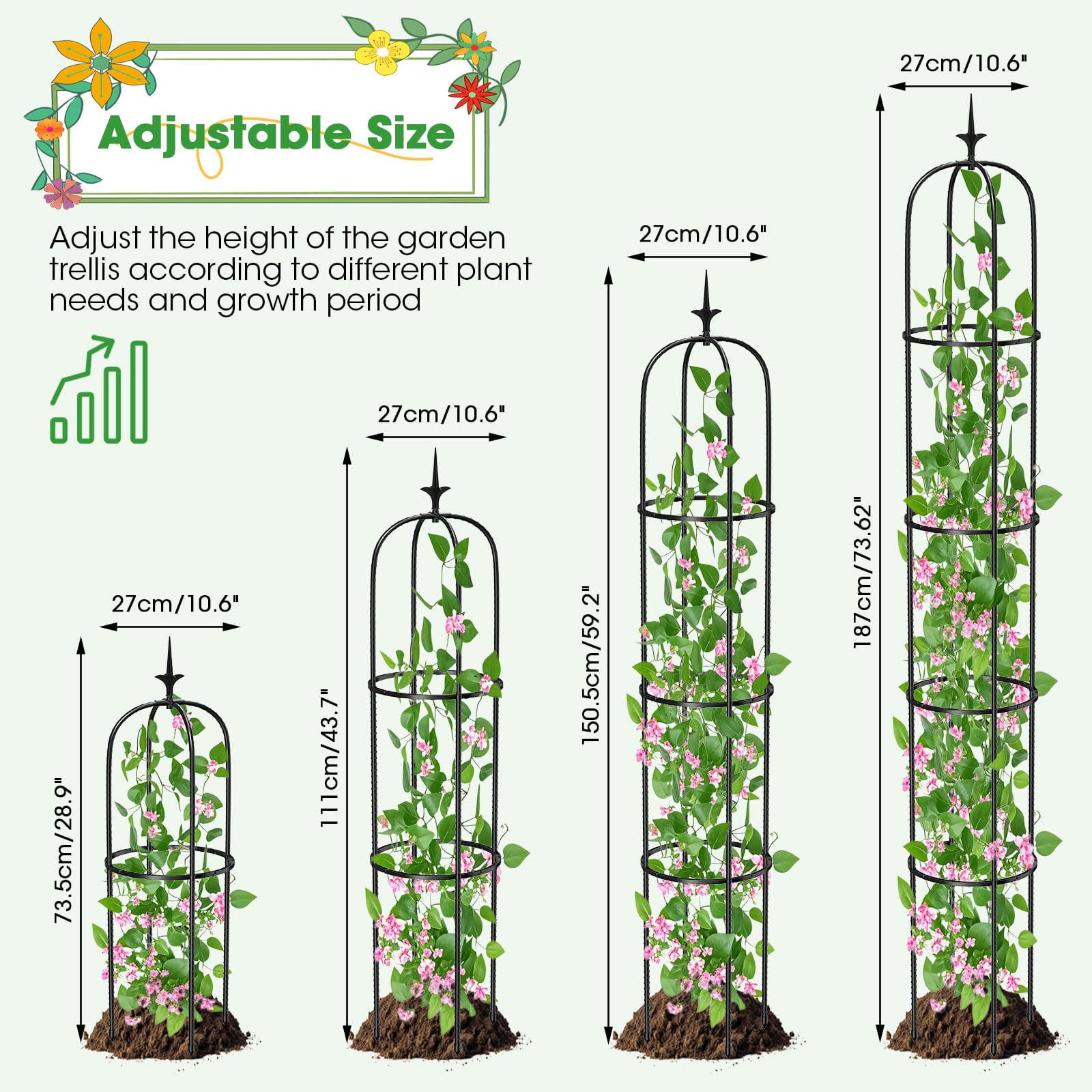 2Pcs Tower Obelisk Garden Trellis for Climbing Plant，73.6inch Rustproof Metal Potted Plant Climbing Support for Indoor Outdoor Flowers Vegetable Fruits Vines Support（2Pcs）