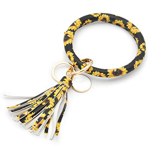PU Leather Circle Tassel Keychain Bracelet Pendant Wristlet Key Ring Gift Bangle 