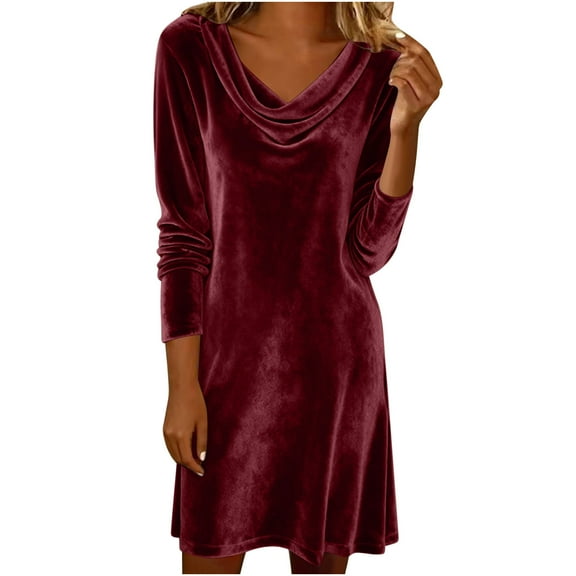 Ecqkame Women's Temperament Ball Gown Dresses Velvet Casual Elegant Dress Long Sleeve Bow Tie Front A Line Dresses Wine S