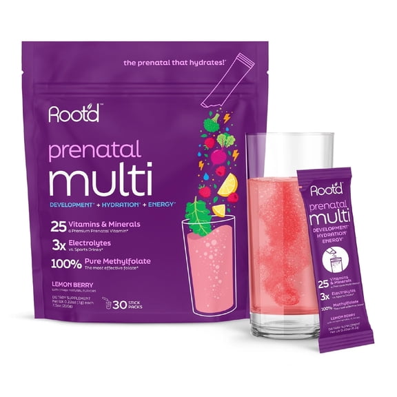 Root'd Prenatal Multivitamin Powder - 25 Vitamins & Minerals with 3x Electrolytes - 30 Drink Packets