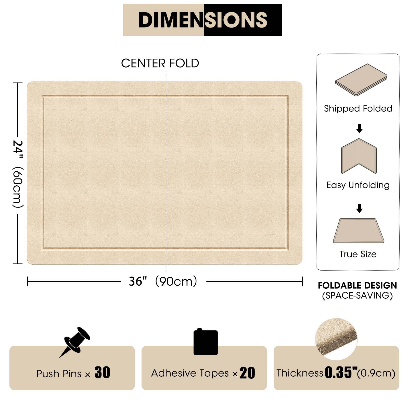 36 x 24 Inch Decorative Felt Pin Board, Felt Bulletin Board, Foldable Self-Adhesive Wall Pin Board, Cork Board Alternative Vision Board Prayer Board with 15 Pushpins, Oatmeal