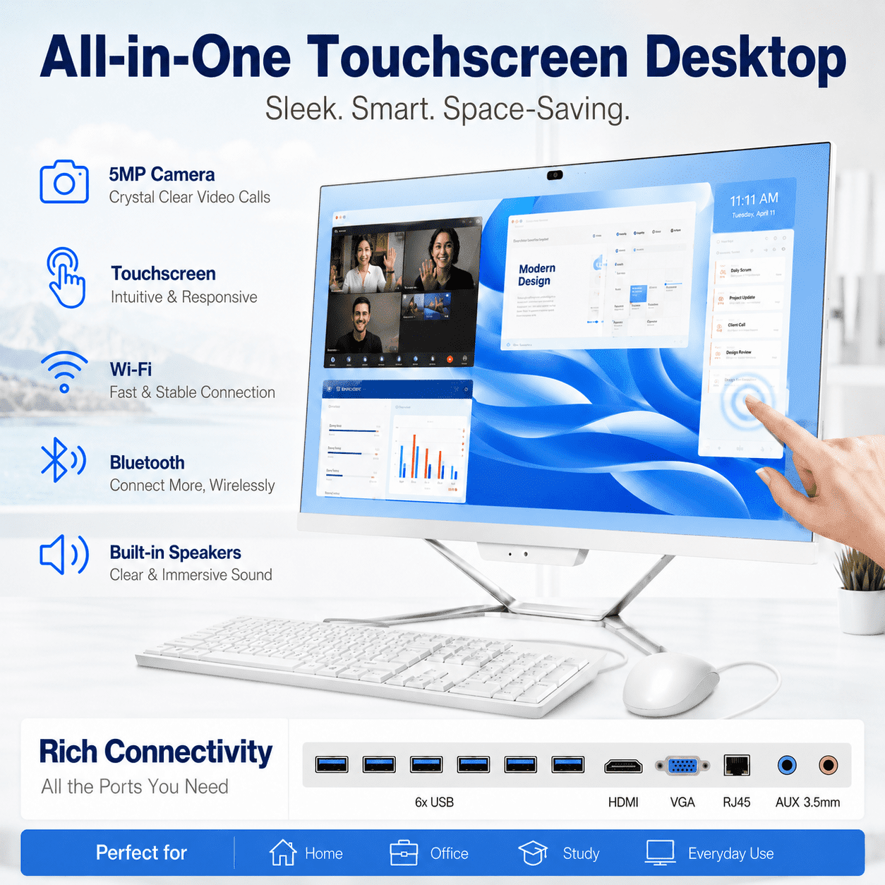 PTZZHEDM 23.8" Touchscreen All-in-One Business Desktop Computer, Intel i5-11400, 16Gb Ram, 1Tb Ssd, Win10 Pro, Mouse, Keyboard, Wi-Fi, Bluetooth